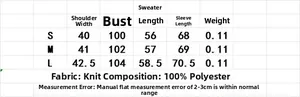 Detailed size chart for solid color knitted crop sweater including S, M, L measurements