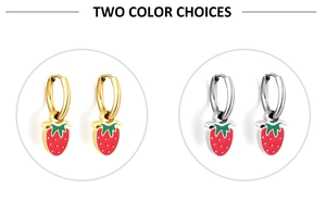Close-up of strawberry enamel earrings in gold and silver finishes with two color choices