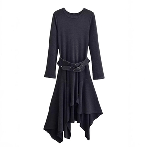 Elegant black long-sleeve dress with adjustable belt and asymmetric hemline