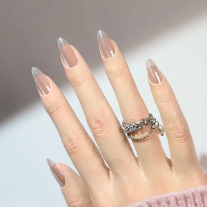 Unghie Finte Mandorla Press On Occhio Di Gatto Glitter Sfumato Nude Argento Manicure Riutilizzabile Per Donne