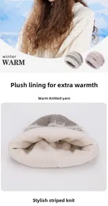 Detail of soft white plush lining and thick striped knit fabric for winter warmth