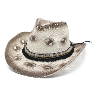 Women's vintage straw cowboy sun hat with hollow weave and gradient brown brim design