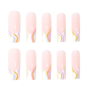 Rainbow wave long square press-on nails set with ten French style manicure pieces