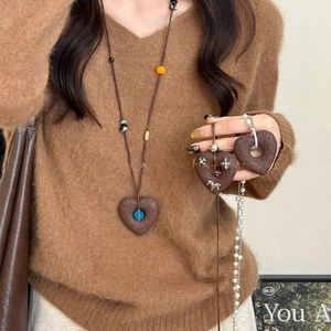 Vintage Long Sweater Chain Necklace Heart Pendant Horse Element Faux Artificial Pearl Beaded Retro Jewelry For Women