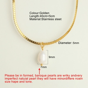Layered gold stainless steel snake chain necklace with a natural baroque pearl pendant