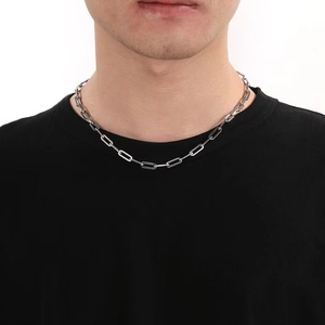 Close-up of minimalist silver stainless steel chain necklace on a male model wearing black