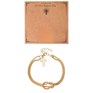 Golden double-layer cross bracelet with a God Bless You baptism card set