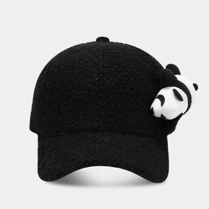 Cute panda sherpa fleece baseball cap for women in black fluffy warm winter style