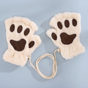Detailed view of beige plush cat paw gloves with brown faux leather pads and hanging string