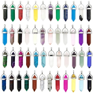 Grid layout showing various hexagonal crystal pendants in diverse colors and stones