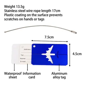 Blue aluminum alloy luggage tag with airplane cutout, address card and steel cable