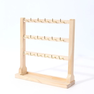 3-tier wooden jewelry display stand with 18 brass hooks for necklaces and earrings