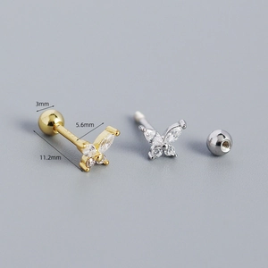 Sparkling S925 silver butterfly screw back stud earrings with zircon and ball backing