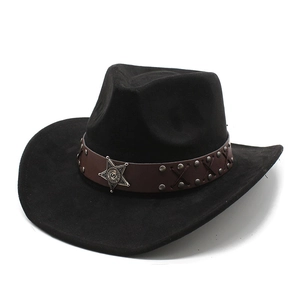 Classic black suede western cowboy hat with brown leather band and silver star badges