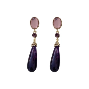 Boucles d'oreilles vintage avec gouttes en résine violette et pierres roses