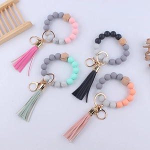 Silicone Bead Wristlet Keychain With Tassel And Wood Bead Bracelet Key Ring For Women Leopard Marble Floral Style Holder