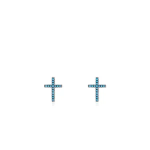 S925 sterling silver cross stud earrings with turquoise micro-pave stones on white background
