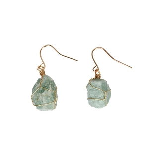 Minimalist handmade gold wire wrapped irregular green raw crystal stone dangle earrings