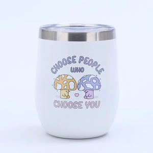 Detail of 12oz stainless steel egg tumbler with cartoon mushroom and heart illustration