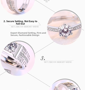 Detail view of silver six-prong zircon ring with Greek meander pattern and pavé setting