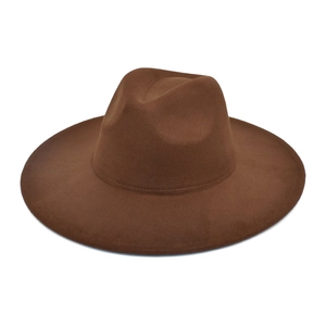 Detail of a dark brown wide-brimmed wool felt fedora hat with a classic pinched crown