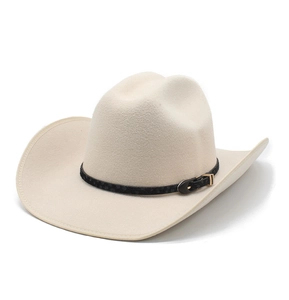 Close-up of cream wool cowboy hat with black decorative strap and metal buckle detail