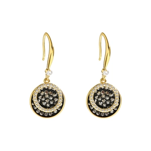 Elegant gold drop earrings with concentric circles and dark grey crystal inlays