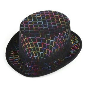 Black top hat with rainbow sequin check pattern for Halloween and magic performances