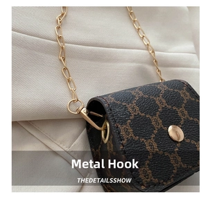 Close-up of golden metal hook and chain on vintage monogram shoulder bag details
