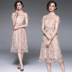 Champagne Mesh Embroidered Beaded Midi Dress For Women Elegant Lantern Sleeve Slim Waist Banquet Party Evening Dress