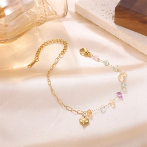 Asymmetric gold chain bracelet with multicolor natural stones and heart pendant on silk