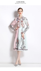 Detail of pink and mint green pleated skirt set with vintage floral print and shirt collar