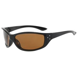 Y2K futuristic cycling sunglasses with black frame, brown lenses, and silver rivets