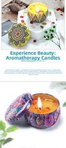 Close-up of mandala metal tin candle with natural dried flower petals on botanical wax
