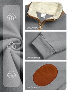 Detail view of grey fleece sweatshirt showing collar zipper and ribbed cuffs textures