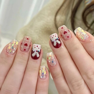 Glossy Plastic Press On Nails With Sweet Rabbit Design Glitter Heart Pattern Cute False Finger Nails For Daily Wear