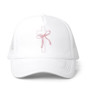 White trucker hat featuring pink cross and bow graphic with breathable mesh back