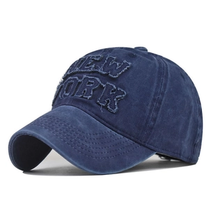Distressed navy blue cotton baseball cap with vintage New York embroidery and metal strap