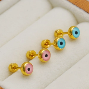 Mini titanium steel evil eye stud earrings with 18K gold plating and colorful enamel finish