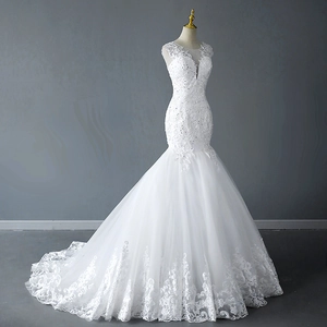 Elegant white mermaid wedding dress with lace appliques and a long train, 45-degree view
