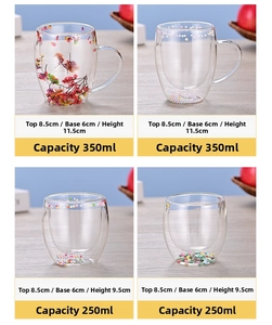 Detailed size comparison of double-walled glass cups with colorful dried flowers and beads