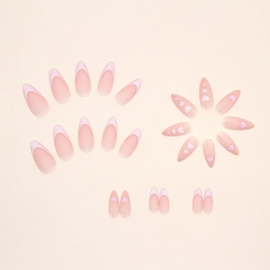 Matte heart almond press-on nails in pink and white with French gold line accents