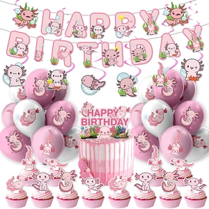 Axolotl Birthday Party Decorations Set Cardstock Banner Cake Toppers Latex Balloons Pink Theme Cute Animal Kids Birthday