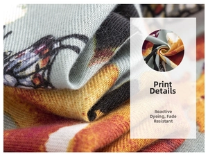 Macro detail of twill pashmina scarf featuring vibrant reactive floral printing