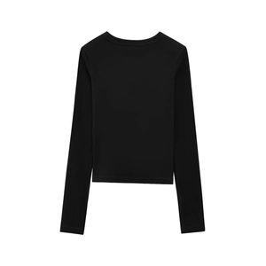 Detail view of the plain black slim-fit modal long sleeve T-shirt back with crew neck