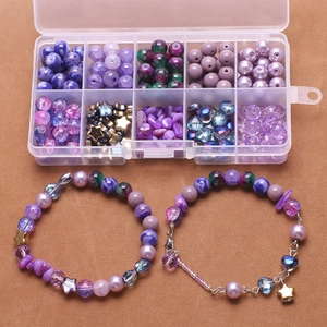 Detailed DIY jewelry kit with blue and purple glass beads in a 10-compartment storage box