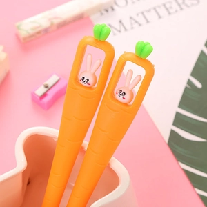 Two creative carrot shaped pens with a cute pink bunny charm inside a clear window