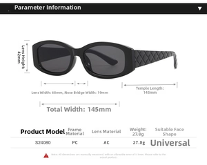 Detailed size parameters for oval sunglasses with dimensions of frame and lens components