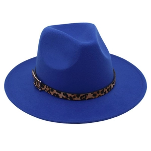 Detail of royal blue wool fedora featuring leopard print band and gold buckle accent