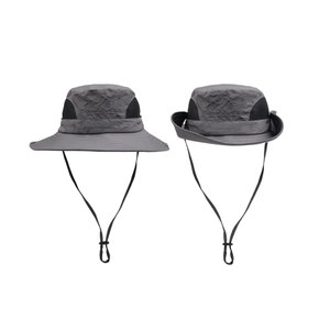 Detail of grey outdoor sun hat with side mesh vents and embroidered mountain logo
